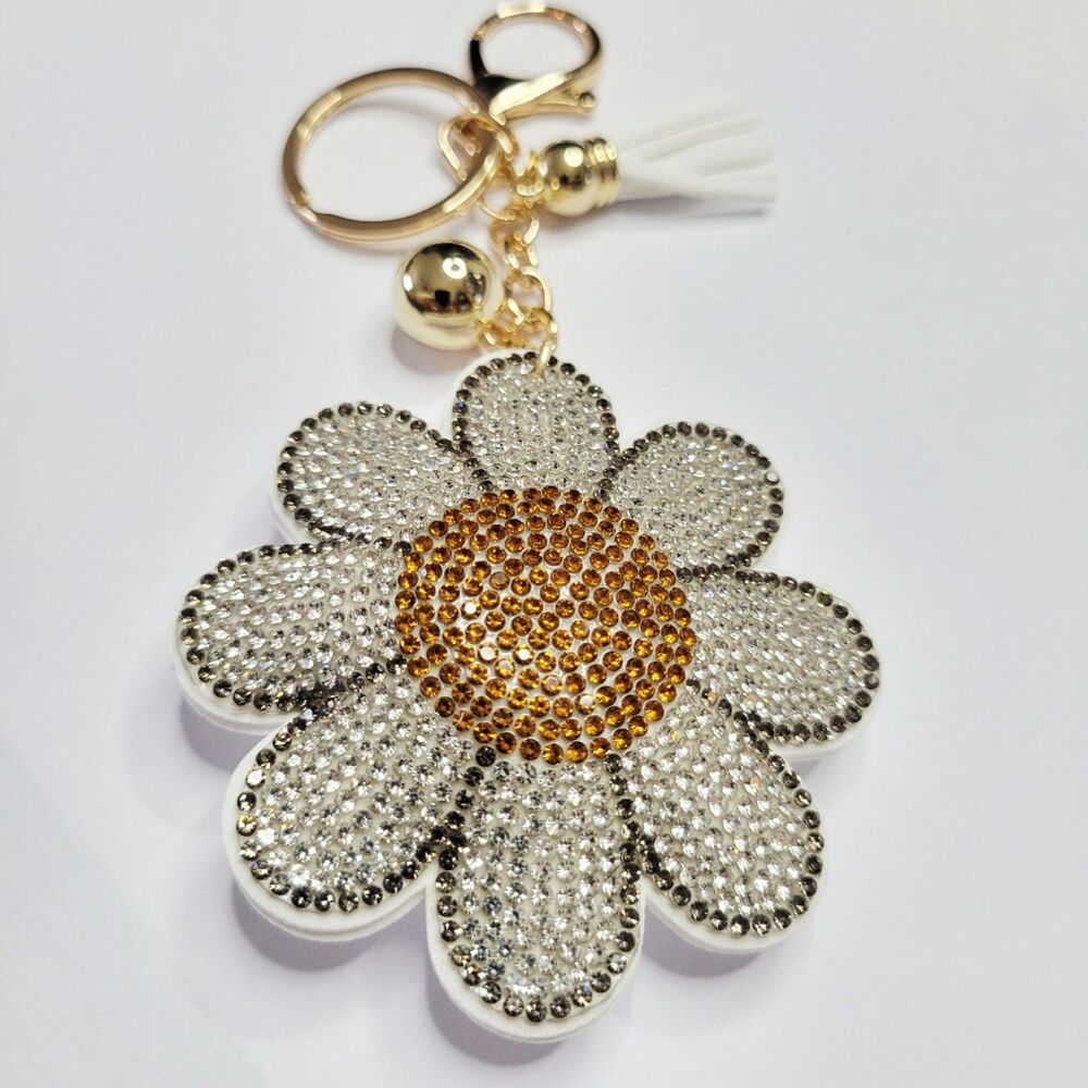 NWT Large White, Yellow And Gold Sparkle Daisy Keychain, Bag Charm With Tassel